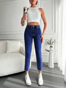 RueChic High Waist Mom Fit Jeans - Dark Wash - View 5