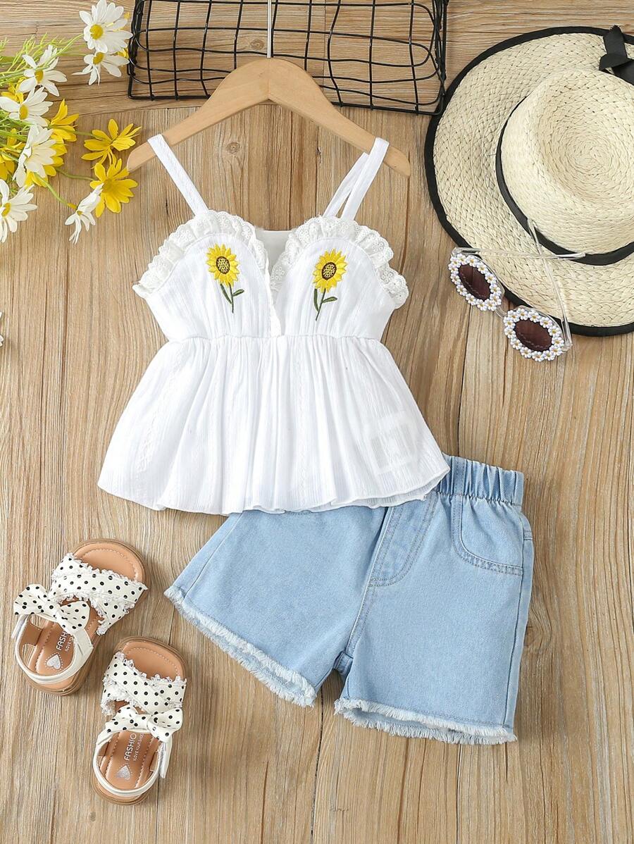SHEIN 少女休閒舒適繡花太陽花背心和短褲2入組 - 藍白色 - 查看 1