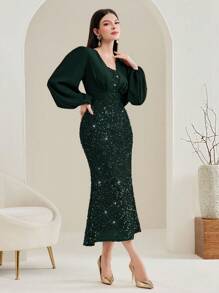 Modelyn Women'S Sequin Detailed Patchwork Lantern Sleeve Mermaid Dress - Dark Green - View 3