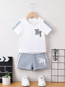 SHEIN 年輕女孩色塊字母拼接休閒兩件套裝 - 彩色 - 查看 1