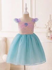 SHEIN Glamorique Kids Girl's Princess Dress, Purple Princess Dress, Christmas Children, Christmas Kids Dress, Partywear New Years Dress, Christmas Kids Dress, Birthday Party, Ball Dress, Gorgeous Princess Dress, Sequins, Little Fly Sleeves, Shell Seal, Four Seasons - Purple - View 5