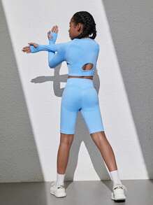 SHEIN Tween Girls' Seamless Knit Hollow Out Back T-Shirt And Shorts Sport Set - Multicolor - View 4