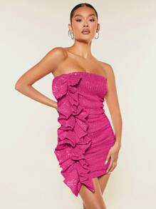 SHEIN BAE Women'S Strapless Sequin Dress With Ruffle Trim - Hot Pink - View 4