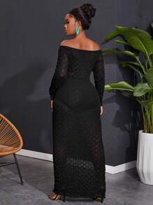 Slaydiva Plus Size Women'S Off-Shoulder See-Through Texture Bodycon Dress - Black - View 2