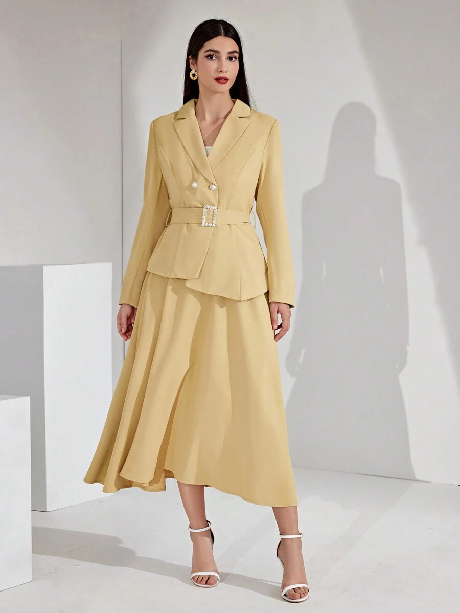 Modelyn Của phụ nữ Màu thuần Đôi ngực Bộ đồ Áo khoác Với Cổ bẻ Và Chiều dài đầu gối Váy - Màu Khaki - Xem 1