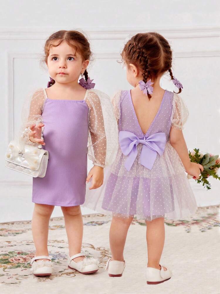 Baby Girls' Casual Knitted Polka Dot Mesh Splice Long Sleeve Dress & Short Sleeve Dress Set