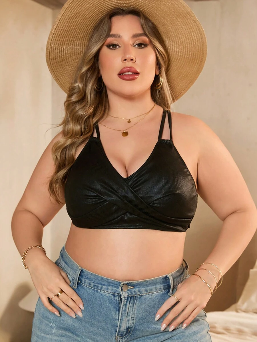 SHEIN Swim Curve 女士加大码交叉 V 领比基尼上衣 嘉年华 夏季