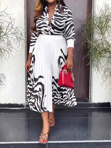 SHEIN Clasi Plus Size Women's Zebra Print Two Piece Set - Black and White - View 1