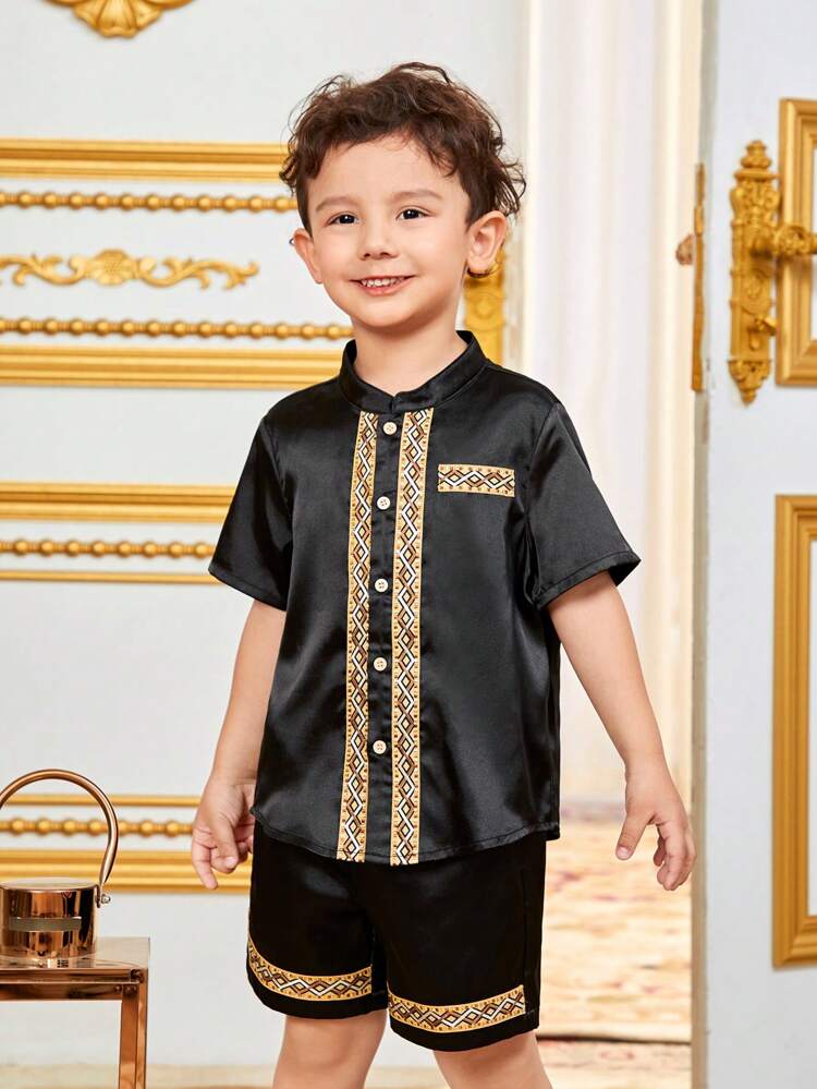 Young Boy's Casual Matching Short Sleeve Stand Collar Shirt And Shorts Set