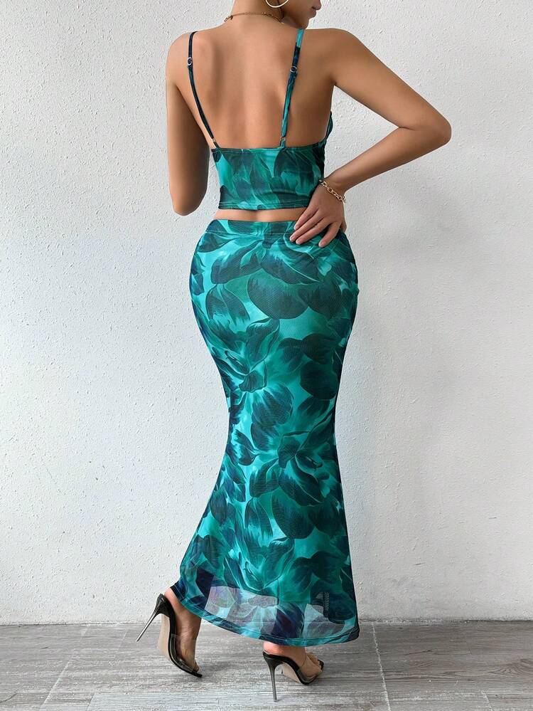 Abstract Printed Cami Top And Fish Tail Skirt Two Piece Set