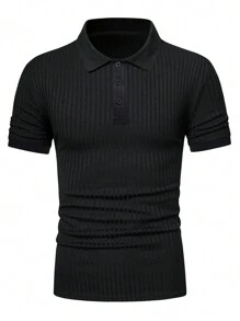 Manfinity Homme 男士纯色罗纹纽扣半襟高尔夫 Polo 衫，领口纯黑色韩版时尚衬衫，可作为男友礼物 - 黑色 - 查看 5
