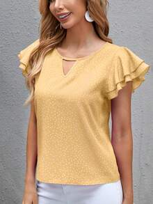 SHEIN Clasi 波點印花雙層荷葉邊袖子編織襯衫 - 杏色 - 查看 5