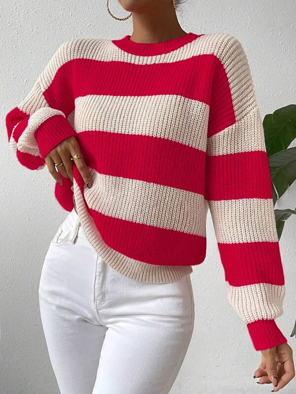 SHEIN Essnce Women's Color Block Striped Drop Shoulder Sweater