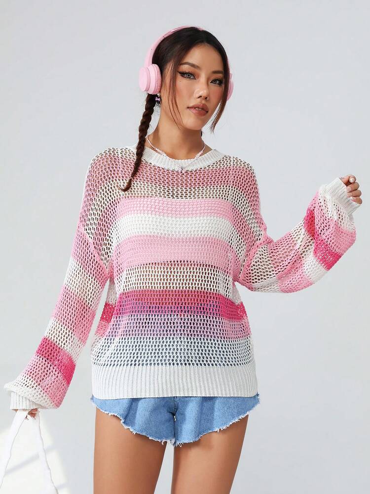 Women's Contrast Color Striped Hollow Out Knitted Drop Shoulder Sweater