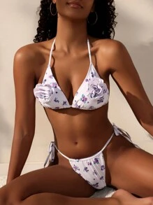 SHEIN Swim Conjunto de bikini de 2 piezas con decoración de flores en 3D y estampado de flores diminutas para el verano y la playa