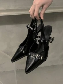 女士复古尖头玛丽珍皮鞋，英伦风高跟鞋，2025春秋新款，法式时尚粗跟高跟鞋，优雅，派对，细高跟鞋 - 黑色 - 查看 2