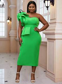 Plus One Shoulder Ruffle Trim Bodycon Dress - Green - View 1