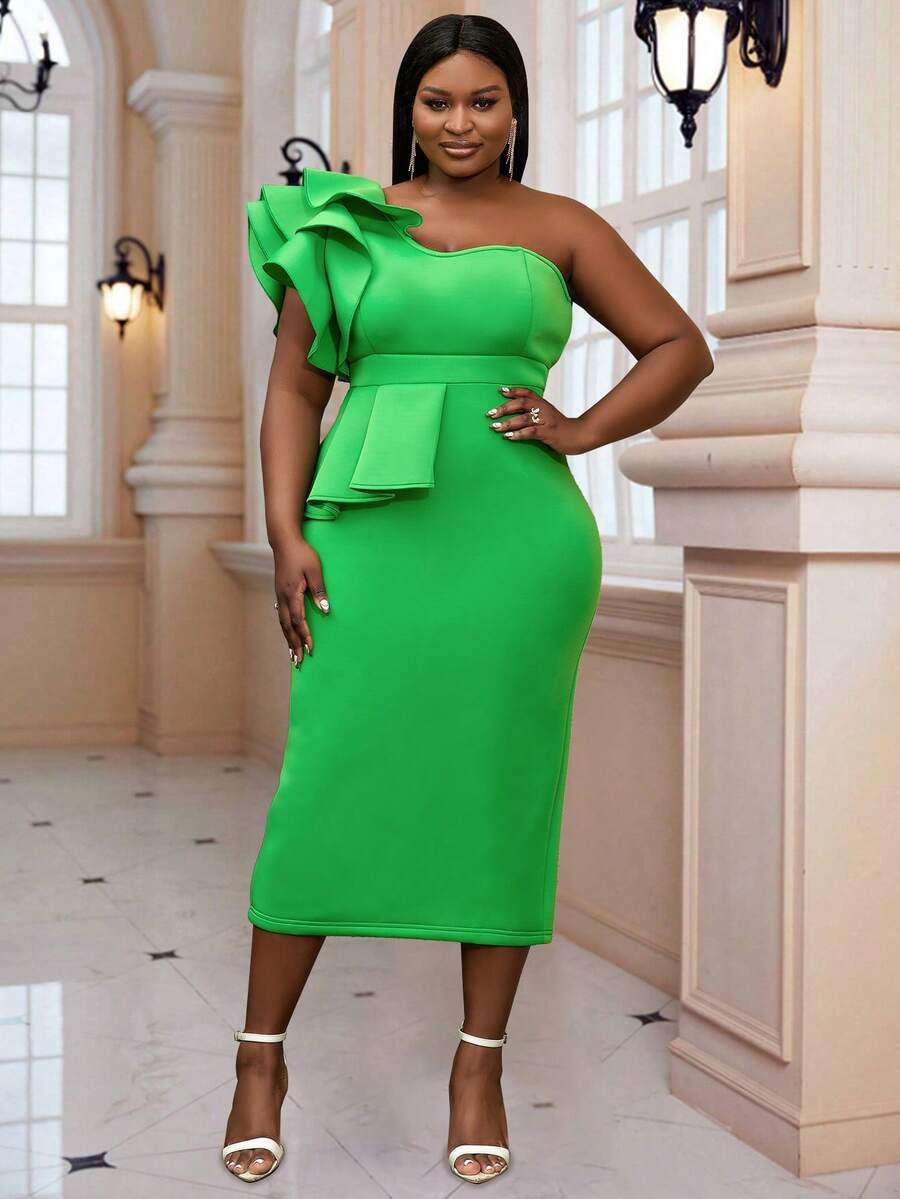 Plus One Shoulder Ruffle Trim Bodycon Dress - Green - View 1