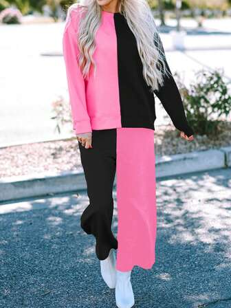 Cămașă cu umăr căzut și pantaloni cu picior largi, cu bloc de culoare contrastantă