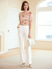 MOTF PREMIUM Dệt Của phụ nữ Hoa In Cổ Trái tim Áo sơ mi - Nhiều màu - Xem 5