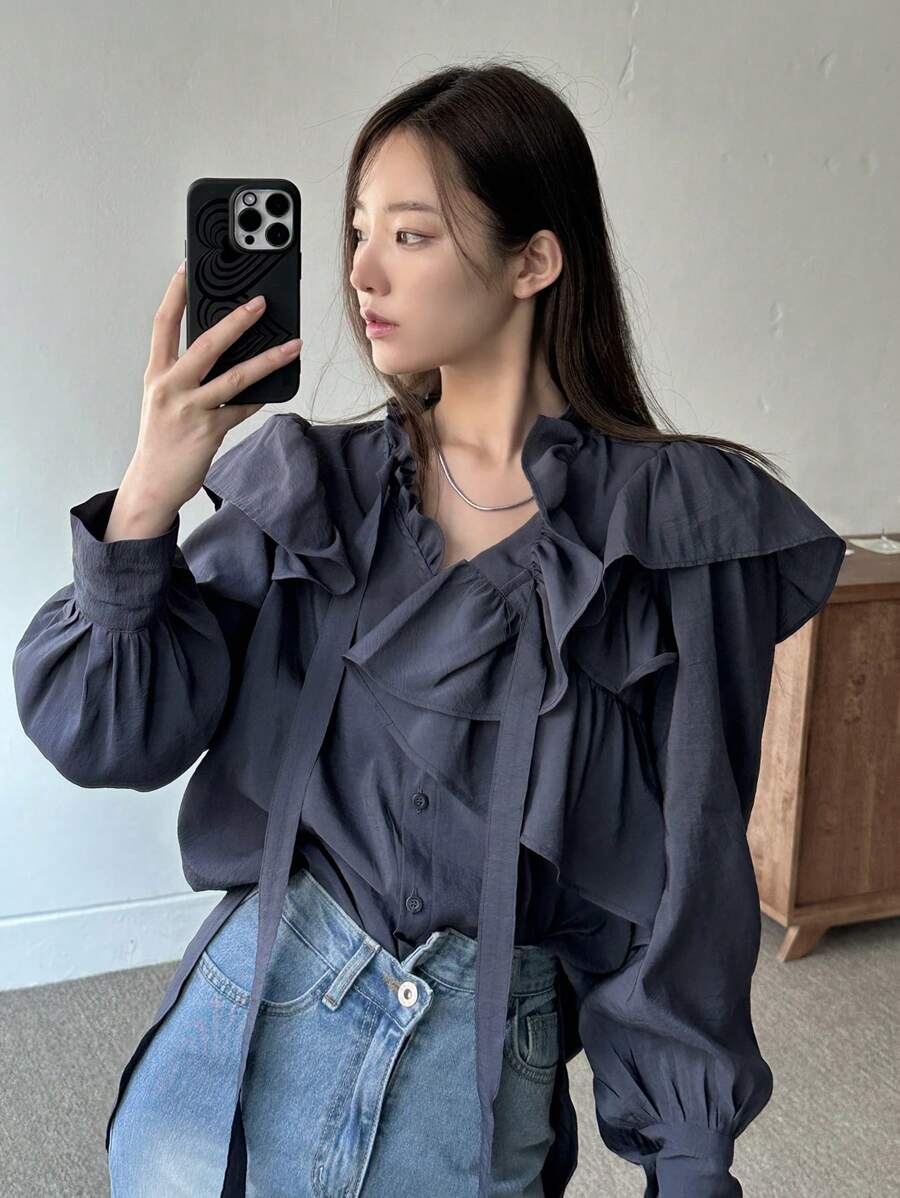 DAZY Women'S Solid Color Ruffled Edge Shirt Long Sleeve Top - Grey - View 1