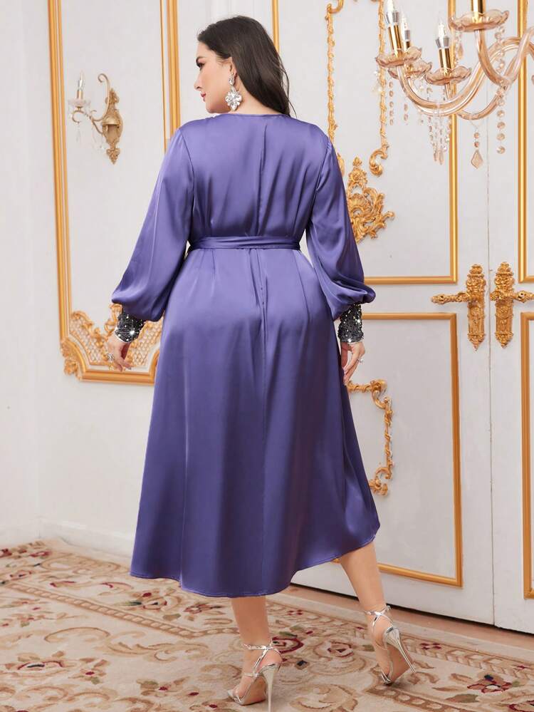 Plus Size Sequin And Rhinestone Decorated Lantern Sleeve Dress,Elegant Evening Party Dress Long Evening Dresses