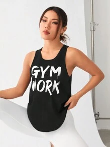 Daily&Casual Letter Printed Sports Tank Top - Black - View 1
