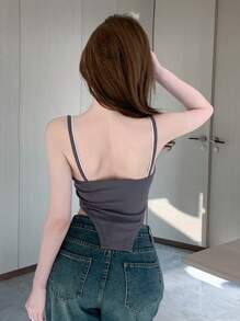 DAZY 修身拼色女吊帶背心 - 灰色 - 查看 2
