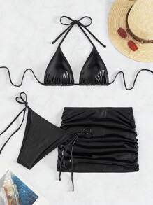 Swim EVENT Women'S Solid Color Triangle Halter Bra And Knotted Side Bikini Set With Swimming Skirt Summer