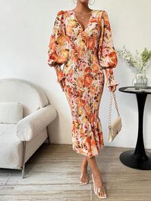 SHEIN Clasi 女士印花褶皺長袖氣球裝連衣裙,全身花卉圖案 - 彩色 - 查看 6