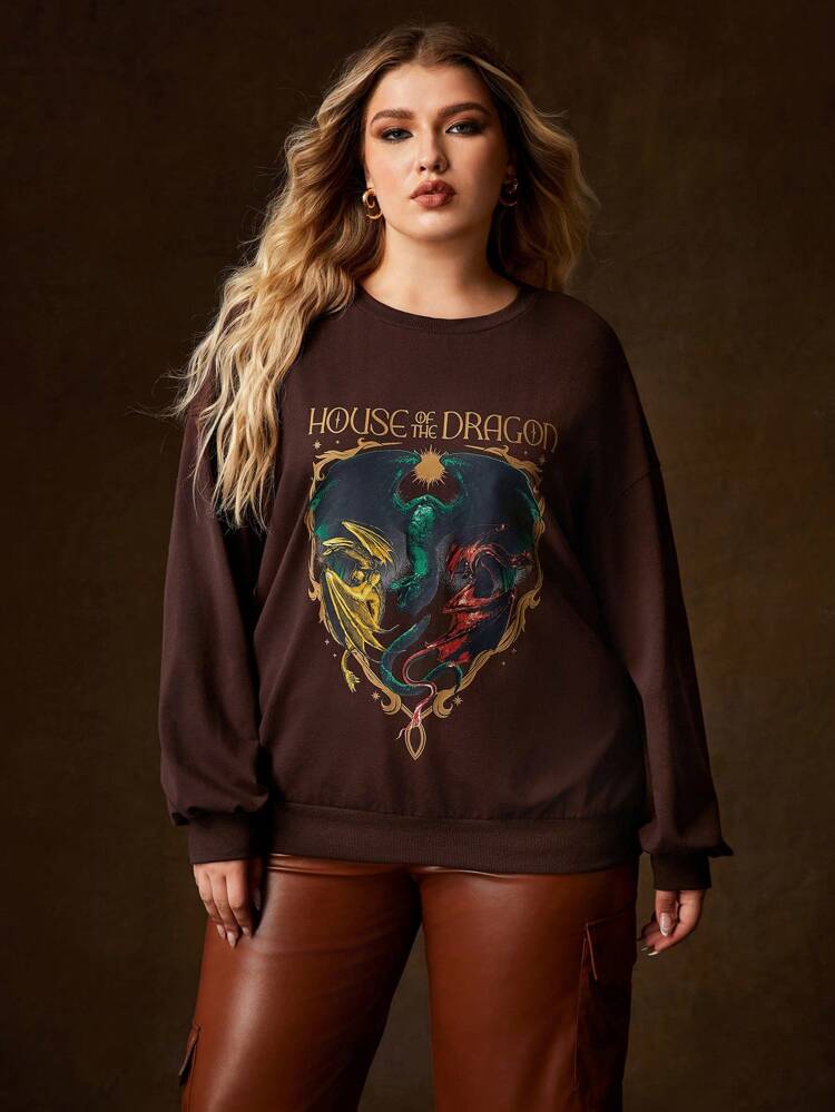 Plus Size Dragon And Letter Print Drop Shoulder Sweatshirt