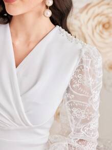 Modelyn 女士透視網紗長袖連衣裙 - 白色 - 查看 2