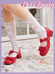 Dola Lovely Red Bow & Heart Shaped Mary Jane Shoes For Women, Lolita Style, Chunky Heel, Fashionable Lady High-Heeled Pump