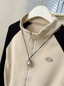 SHEIN EZwear Women's Colorblock Letter Printed Zipper Sweatshirt With Drawstring Hem - Apricot - View 4