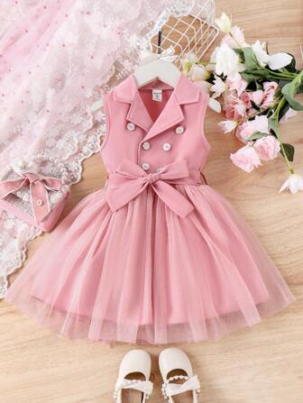 SHEIN 年輕女孩的優雅華麗無袖網眼拼接連衣裙,套裝領,非常適合春秋假期