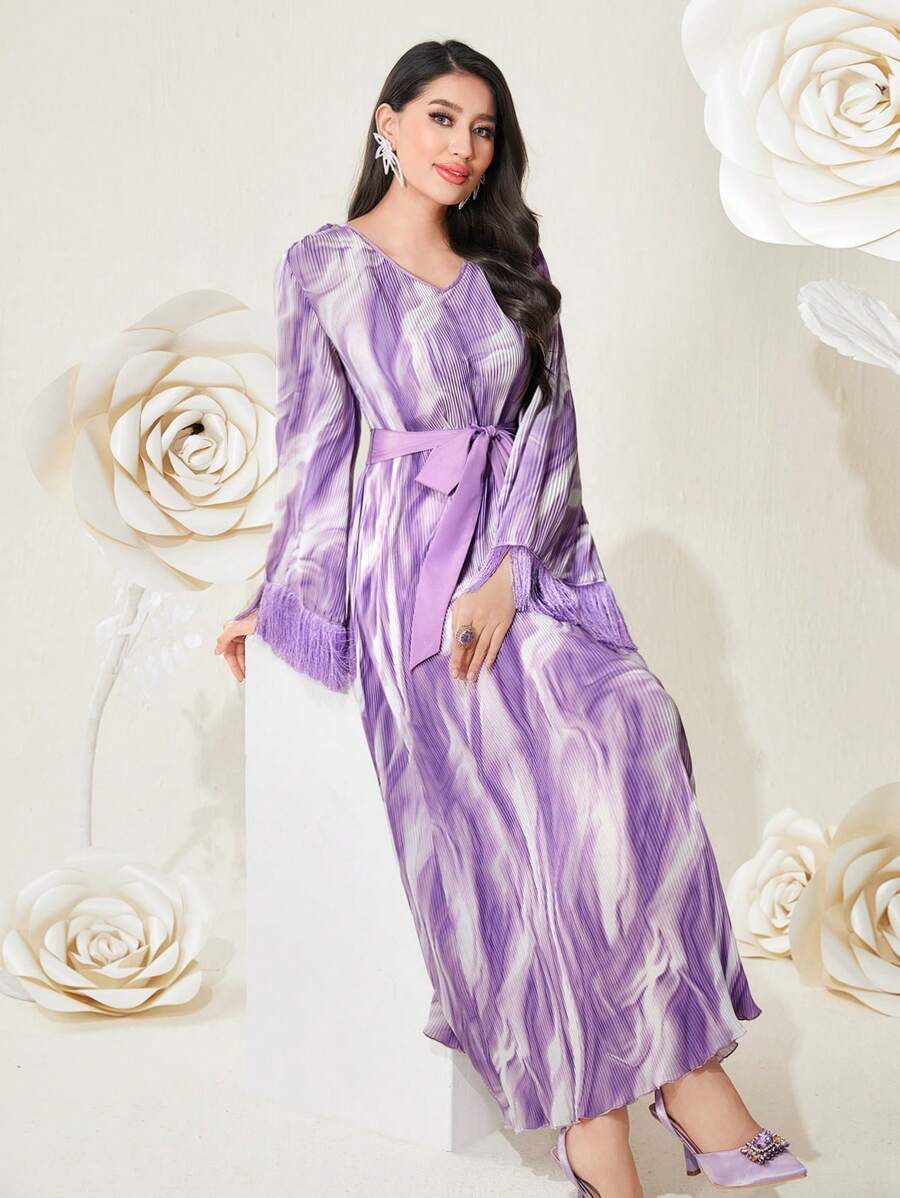 Modelyn Ladies Fringe Hem V-Neck Splicing Dress - Purple - View 1