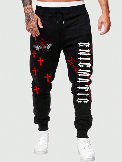 Goth Men Cross Letter Graphic Drawstring Waist Sweatpants, School