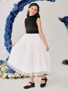 SHEIN 少女腰間鑲嵌鑽石裝飾網紗派對禮服 - 黑與白 - 查看 8