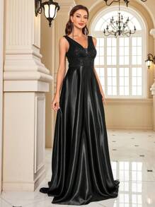 BluePlum 高品质女士春夏亮片修身 V 领无袖优雅正式晚礼服，适合鸡尾酒会、庆典、新娘礼服、重装饰婚礼宾客礼服 - 黑色 - 查看 5