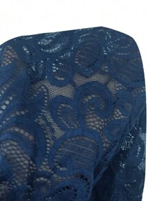 SHEIN Clasi Guipure Lace Insert Flounce Sleeve Blouse - Navy Blue - View 7