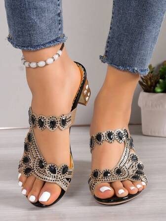 女士水鑽裝飾粗跟穆勒涼鞋,魅力四射黑色高跟涼鞋