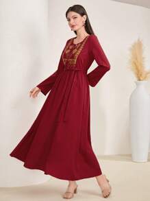 Al Najma 綁帶刺繡連搭流蘇長裙,金色線細節 - 紅色 - 查看 6