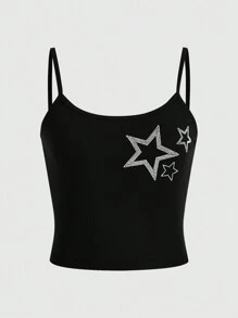 ROMWE Grunge Punk 3pcs/Set Star, Cross, Heart Design Rhinestone Detail Cami Tops Set, School - Multicolor - View 3