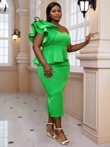 Plus One Shoulder Ruffle Trim Bodycon Dress - Green - View 4