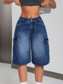 SHEIN ICON Women'S Washed Denim Shorts With Flap Pockets, Loose Fit