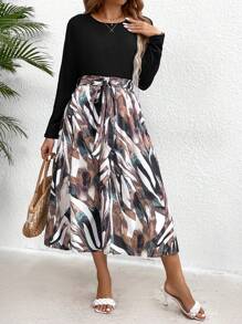 SHEIN Clasi Plus Size Women's Plant Printed Long Sleeve Dress - Multicolor - View 4