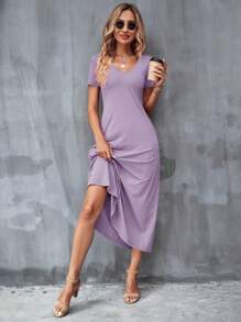 SHEIN Clasi Của phụ nữ Cổ chữ V Ngắn tay Dài Đầm - Màu tím hoa cà - Xem 4