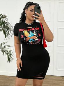 SHEIN Coolane 女士加大碼鳥和字母印花空心緊身連衣裙 - 黑色 - 查看 4