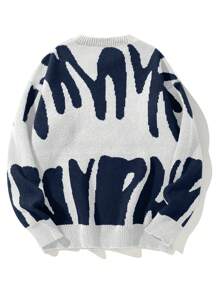 Coolane Letter Detail Grey Sweater,Long Sleeve Tops In Fall/Winter - Blue and White - View 2