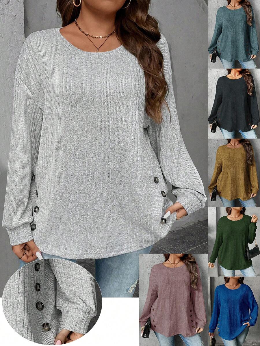 SHEIN LUNE 大碼紐扣細節落肩袖運動衫